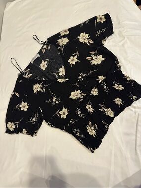 Paper Crane Black Floral Smocked V-Neck Top